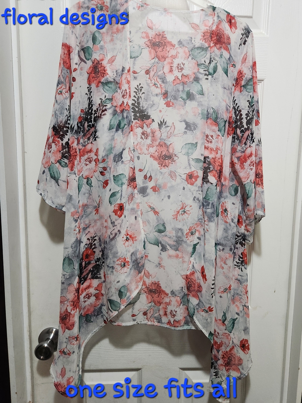 Floral Sheer Kimono Cardigan - White with Coral Floral